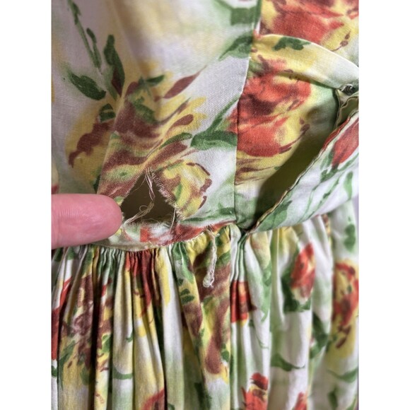 Vtg 1950s Full Skirt Day Dress tea M 50s Handmade Garden Floral MCM Party Flaw* - Picture 7 of 16